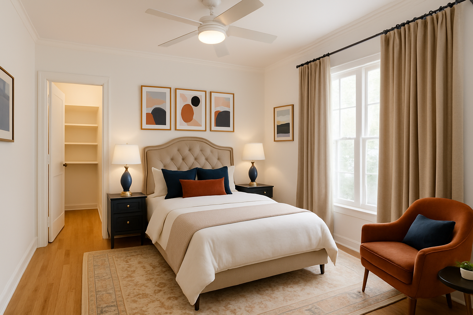 Elegant Hollywood Regency Bedroom in Navy Blue & Burnt Orange
