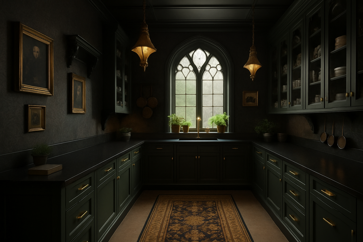 Gothic Kitchen Elegance in Forest Green & Gold