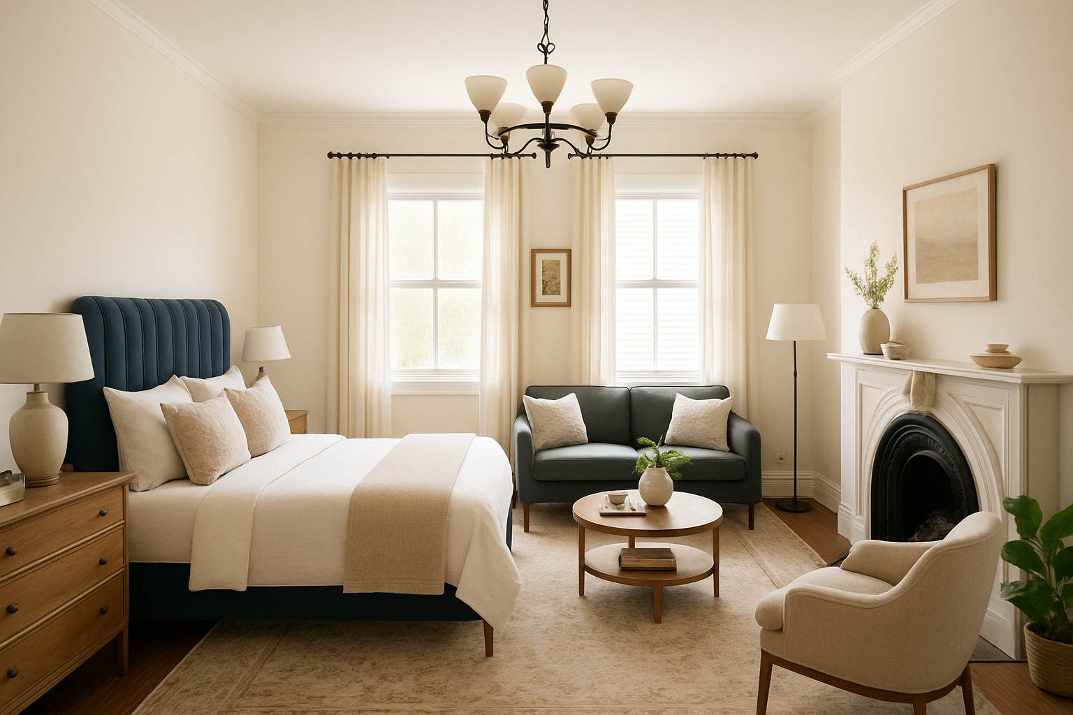 Elegant Traditional Bedroom with Fireplace and Velvet Touch