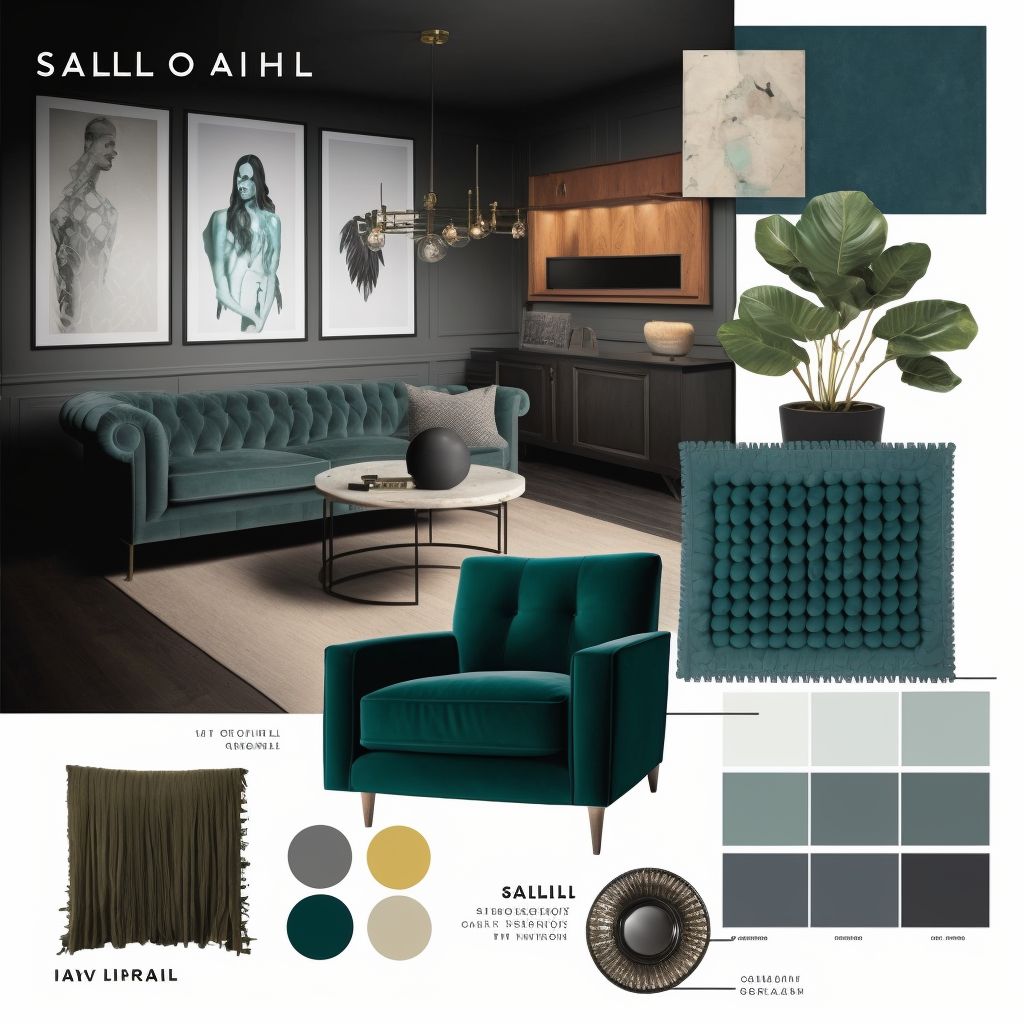 Modern Living Room Mood Board: White, Light Grey & Dark Grey Elegance