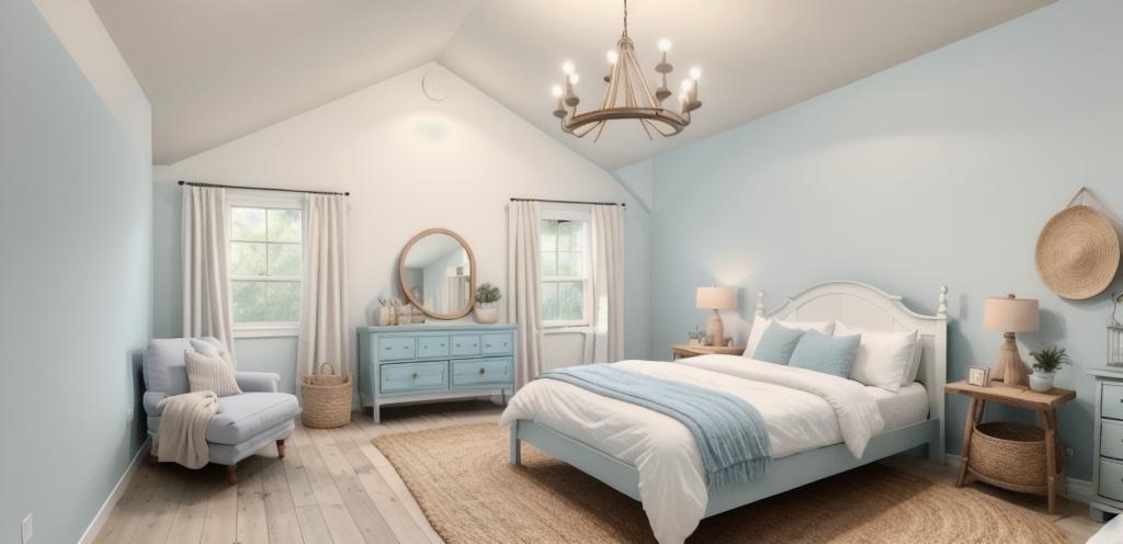 Charming Farmhouse Bedroom: Powder Blue, Soft Pink & Beige Oasis