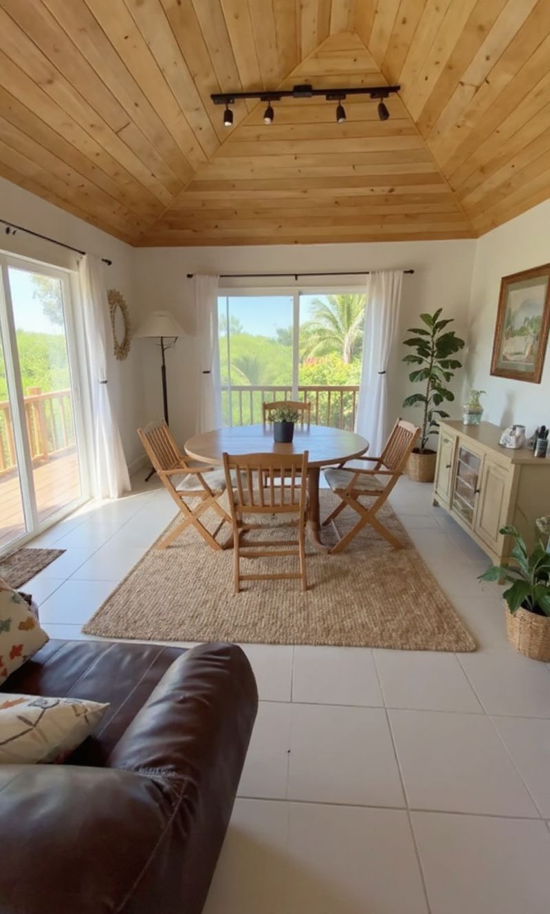 Tropical Living Room with Vaulted Ceiling & Natural Light