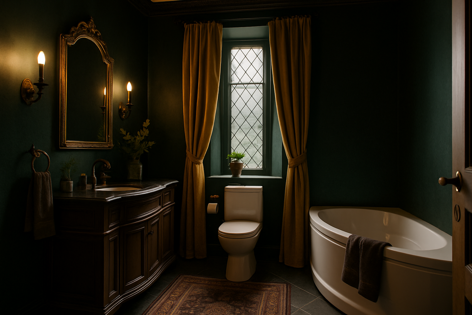 Gothic Bathroom Elegance with Dark Forest Green & Gold