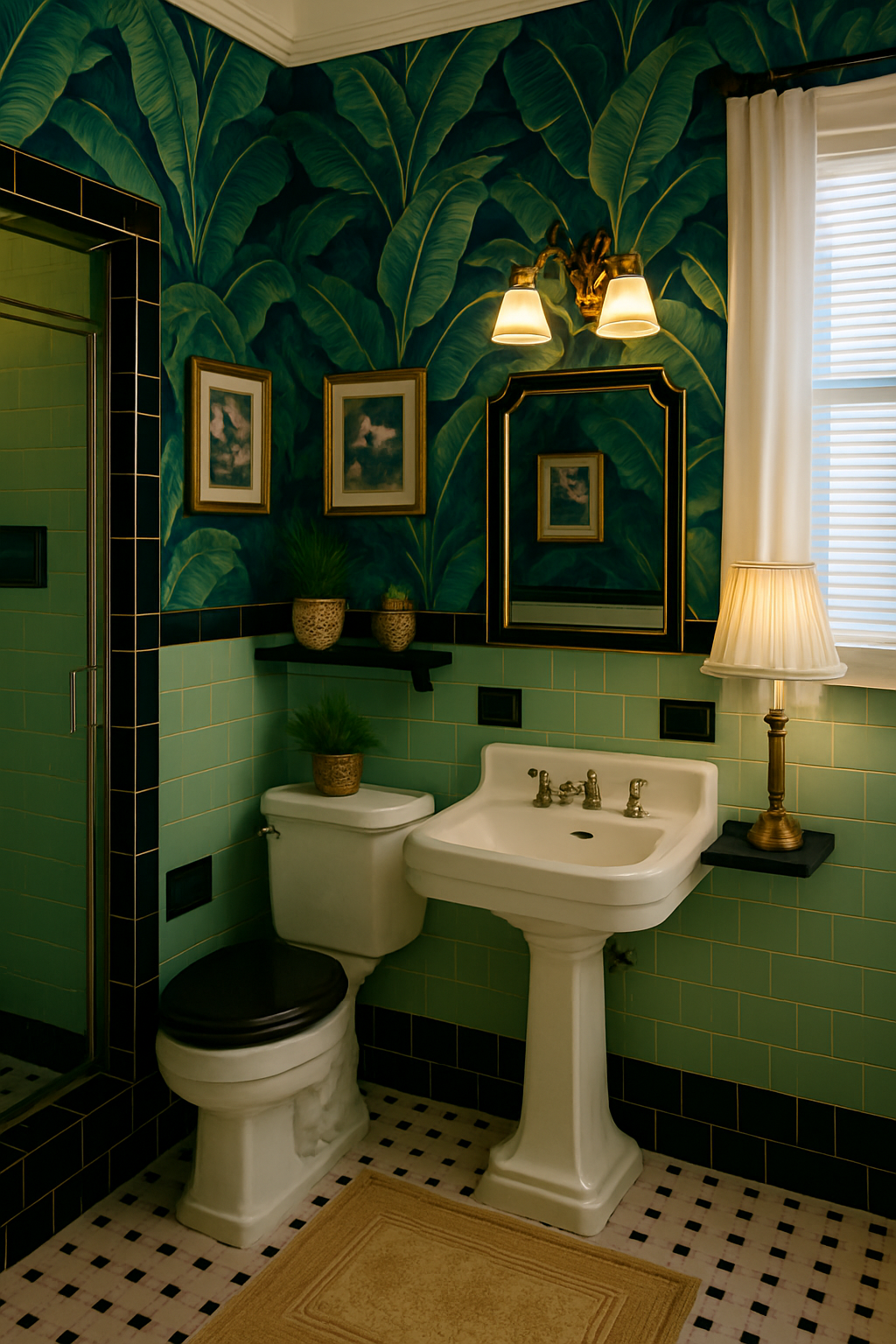 Elegant Hollywood Regency Bathroom in Teal and Green