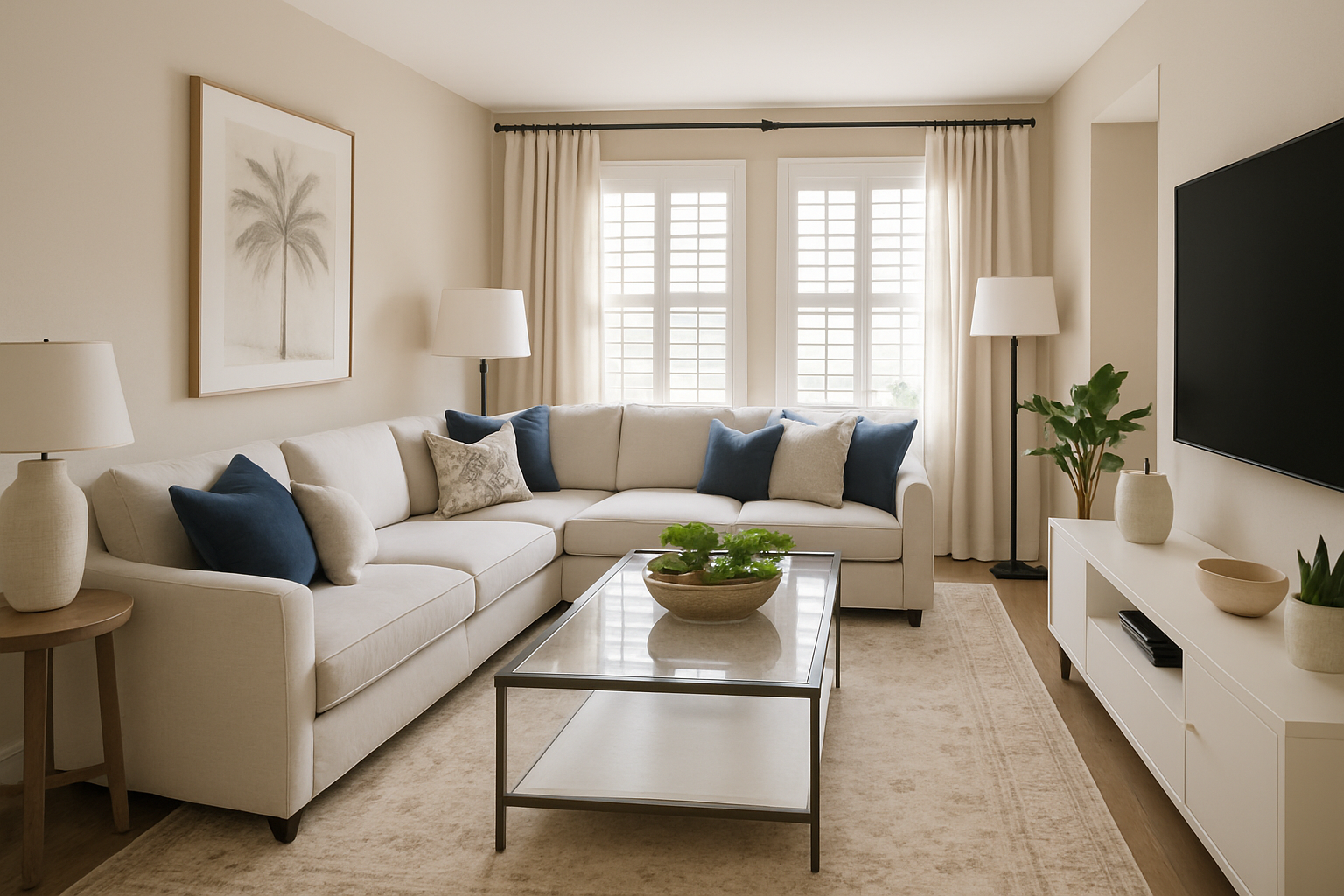Tropical Living Room with Navy Blue and Beige Elegance