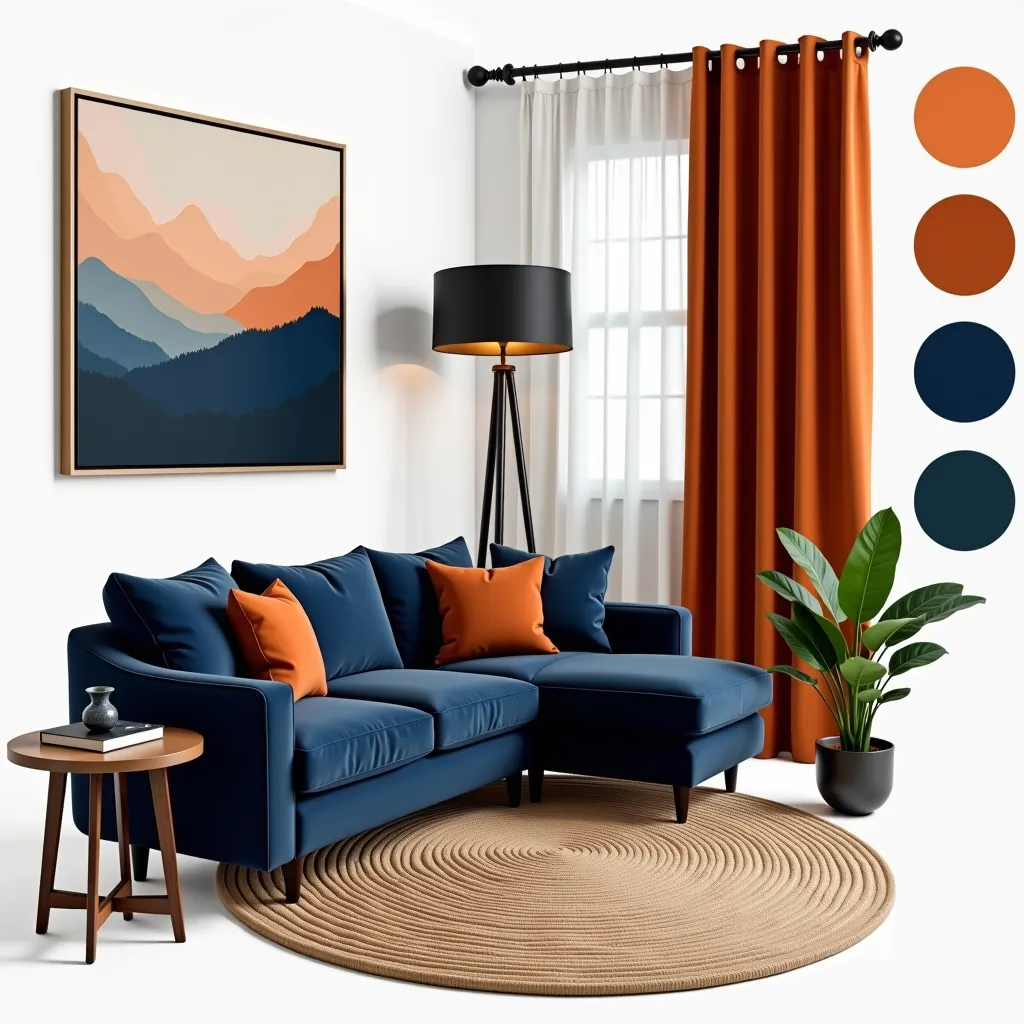Modern Living Room Design with Navy & Burnt Orange Flair