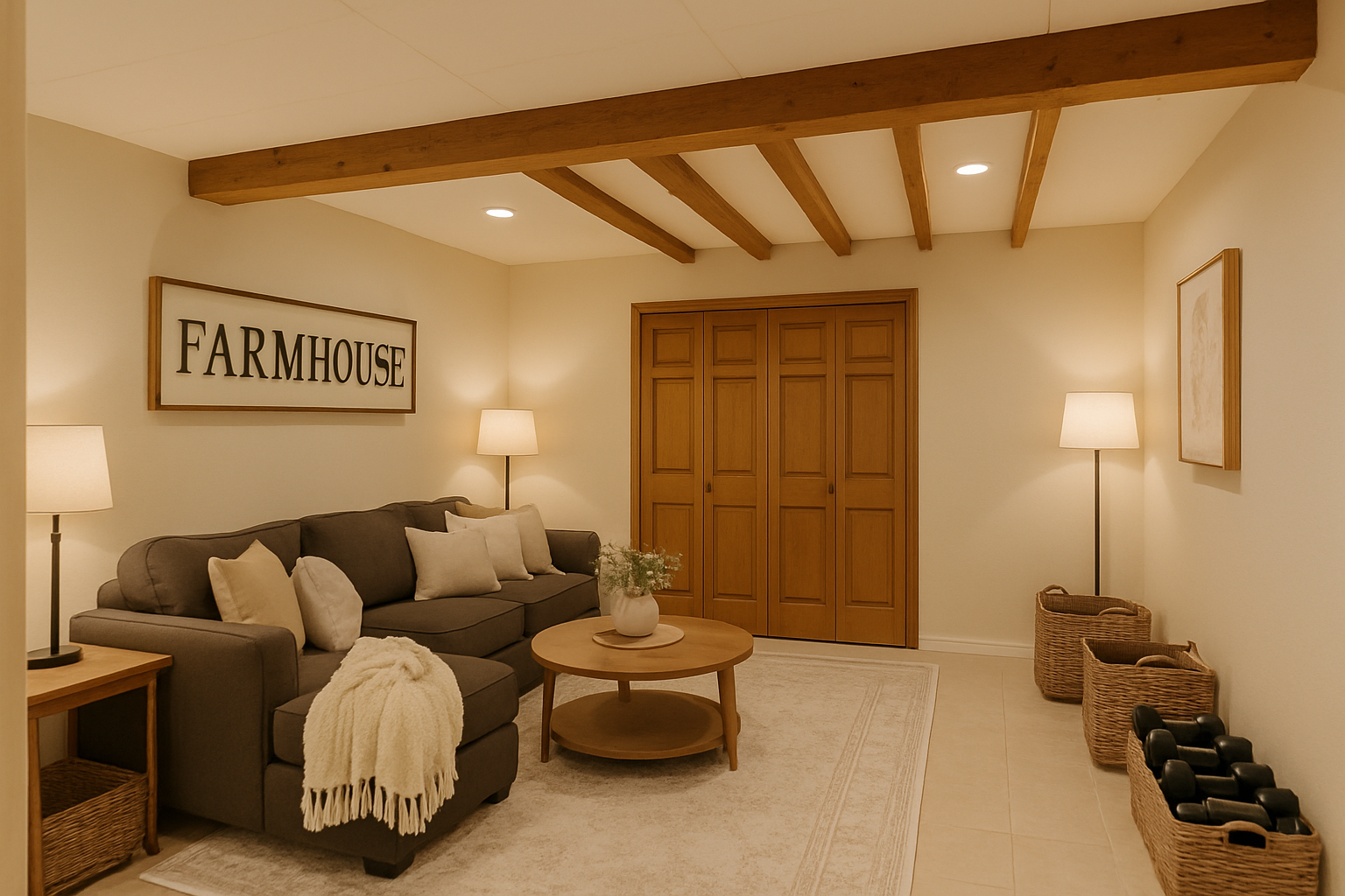 Cozy Farmhouse Basement Retreat with Rustic Charm
