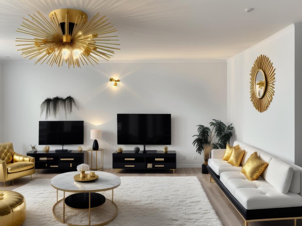 Elegant Transitional Living Room with Black, Gold, and White Accents
