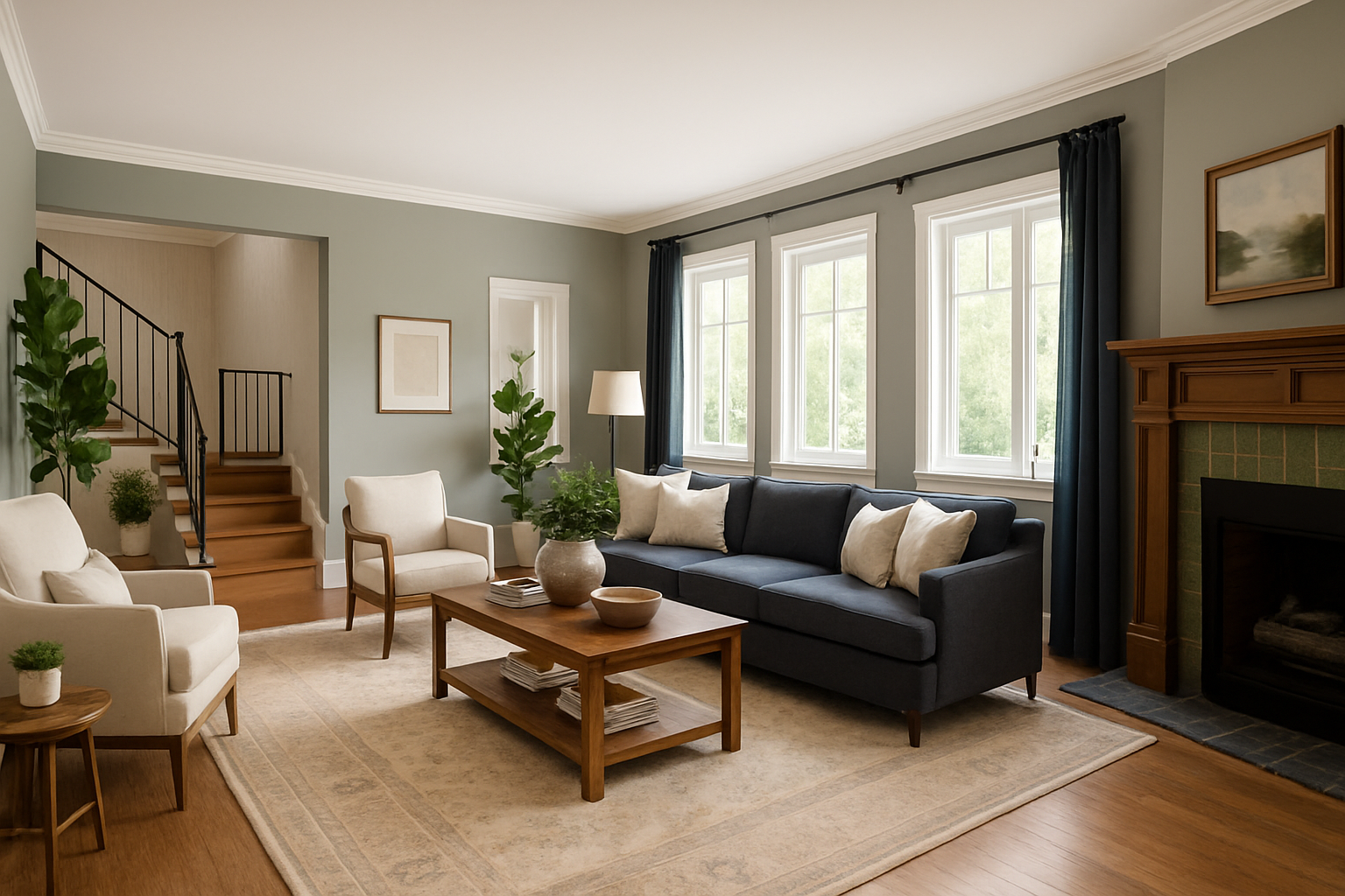 Elegant Craftsman Living Room with Navy and Off-White Accents