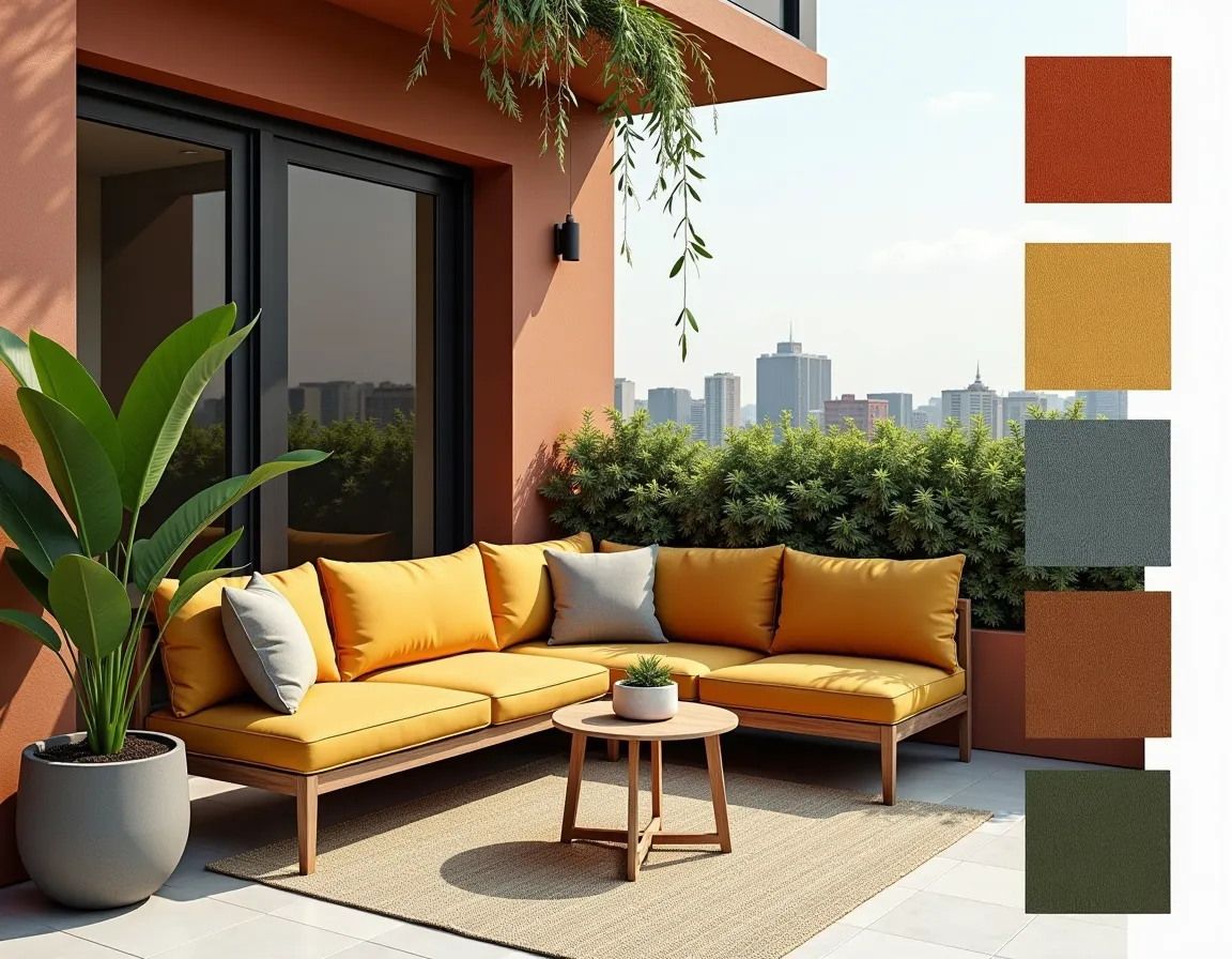 Modern Balcony Design: Rust, Terra Cotta & Mustard Elegance