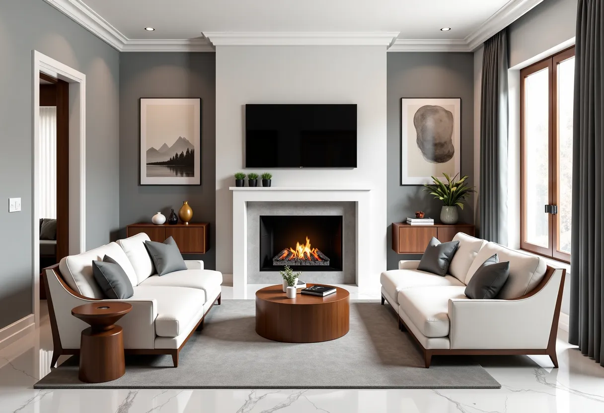 Mid-Century Modern Living Room: Elegance in White & Grey