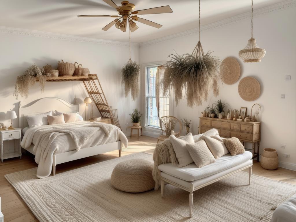 Eclectic Bedroom Design with White, Beige, and Light Brown Tones