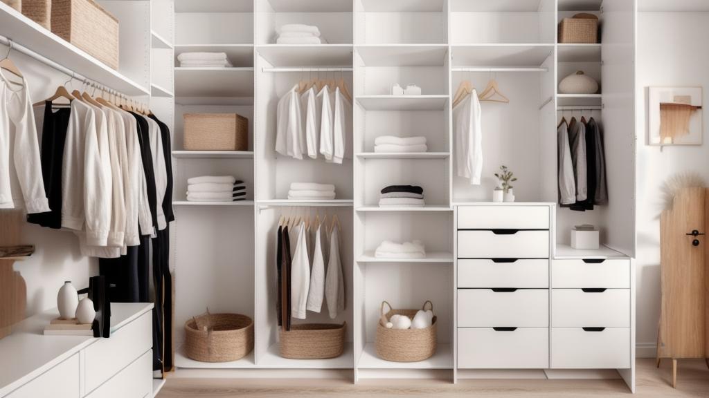 Minimalist Closet Design with White, Off-White, and Navy Blue Hues