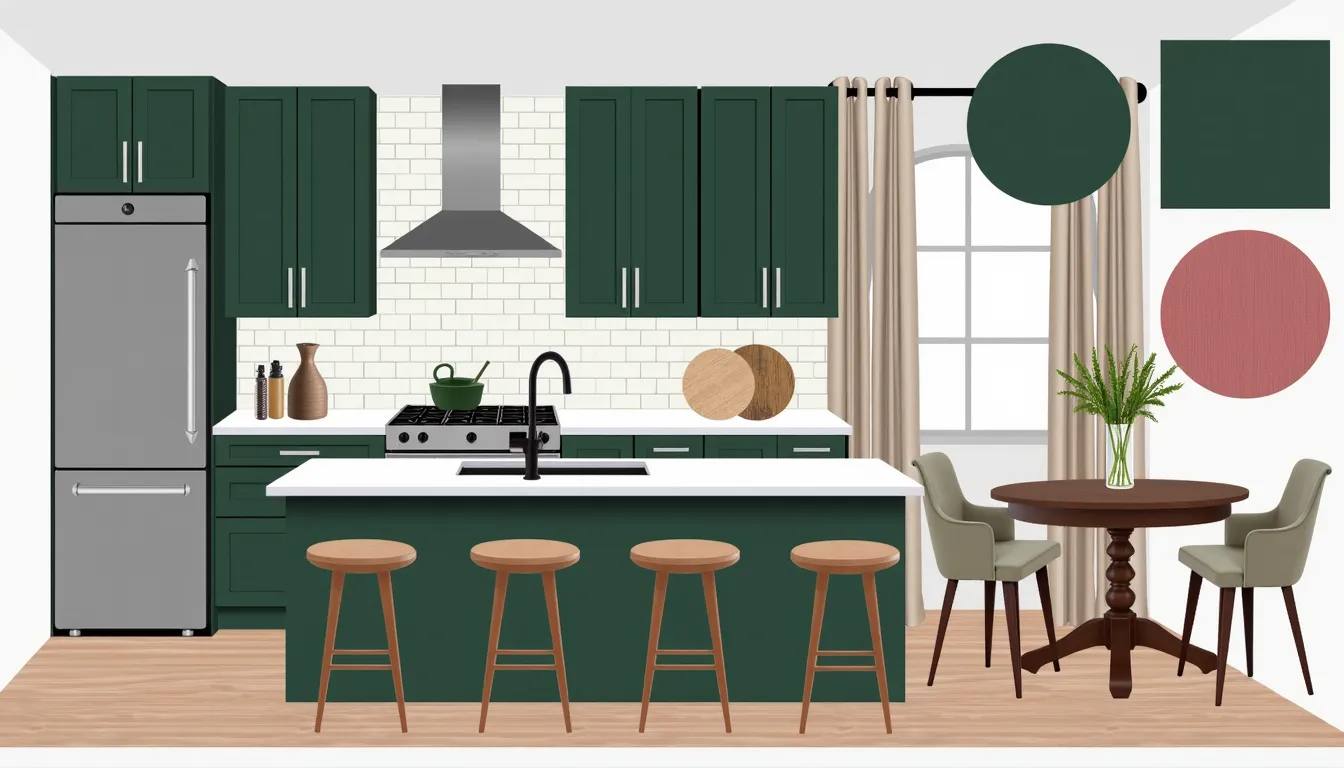 Contemporary Kitchen Elegance: Forest Green & Dusty Rose