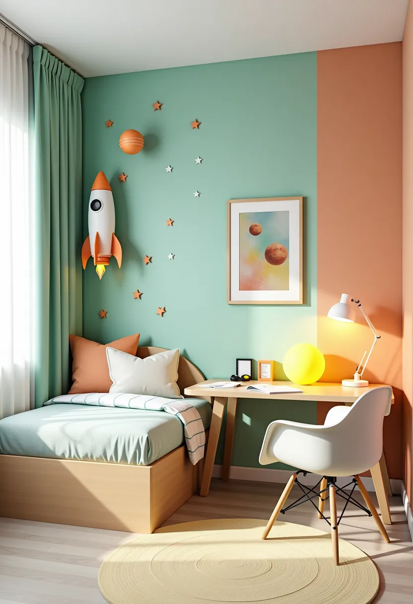 Contemporary Kids' Room: Mint Green & Space-Themed Delights