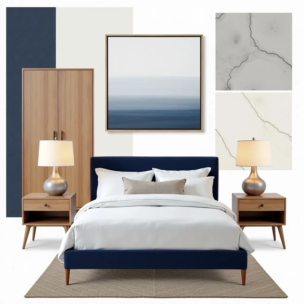 Coastal Bedroom Retreat: White, Off-White & Navy Elegance