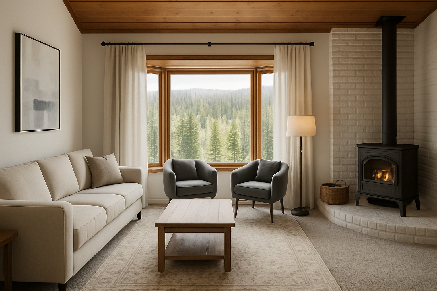 Rustic Living Room with Scenic Bay Window & Brick Fireplace