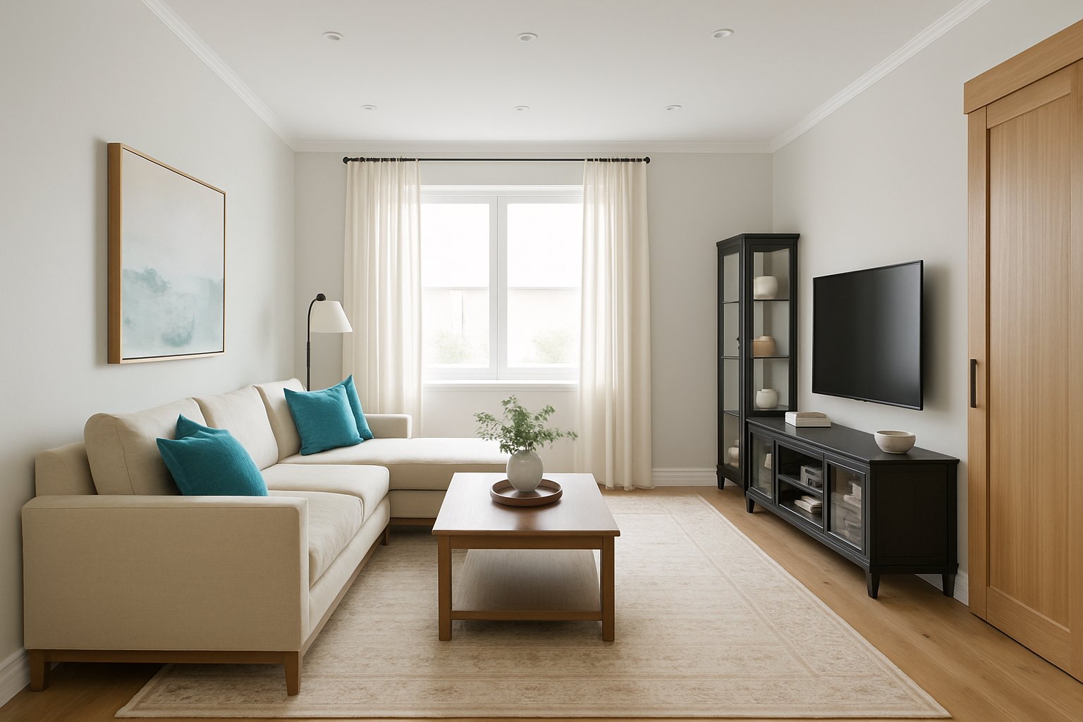 Minimalist Living Room with Natural Light & Wooden Accents
