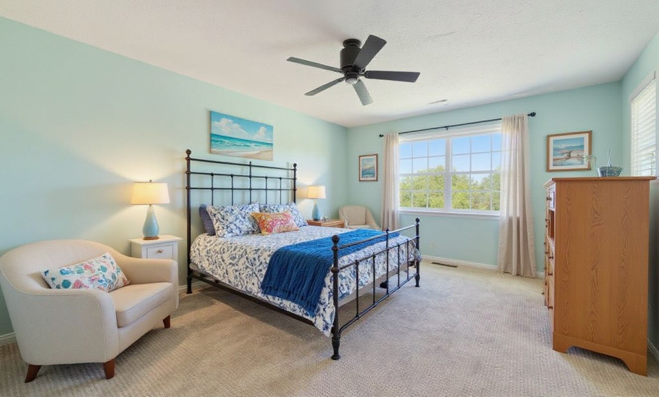 Coastal Bedroom Oasis: Artful Design with Sea-Inspired Hues