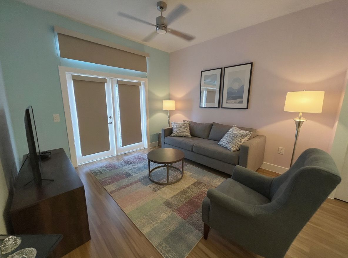 Contemporary Living Room with Powder Blue & Soft Pink Elegance