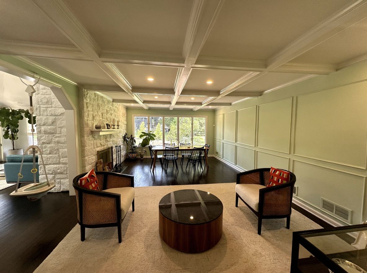 Contemporary Living Room with Coffered Ceiling & Stone Fireplace
