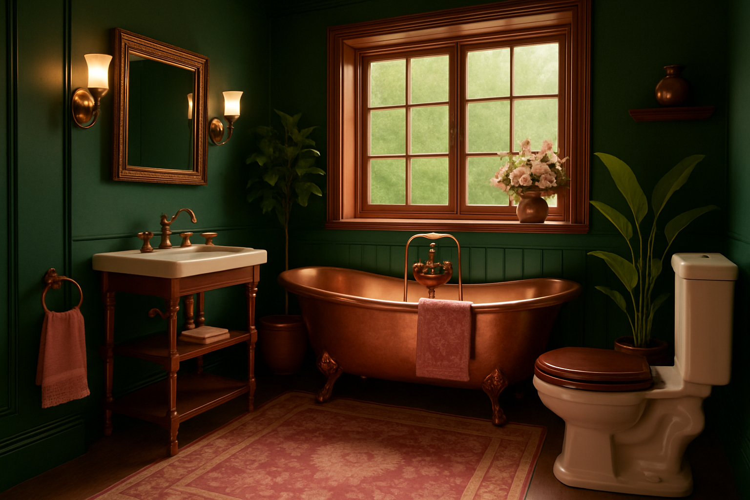 Luxurious Victorian Bathroom in Forest Green & Dusty Rose