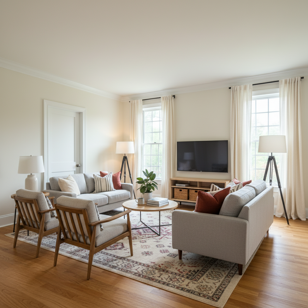 Scandinavian Living Room: Cozy White, Black & Red Elegance