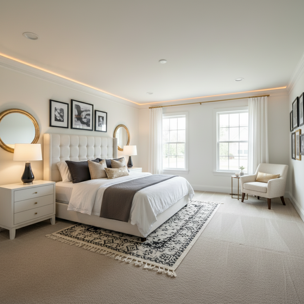 Coastal Bedroom Retreat: Black, Gold & White Elegance