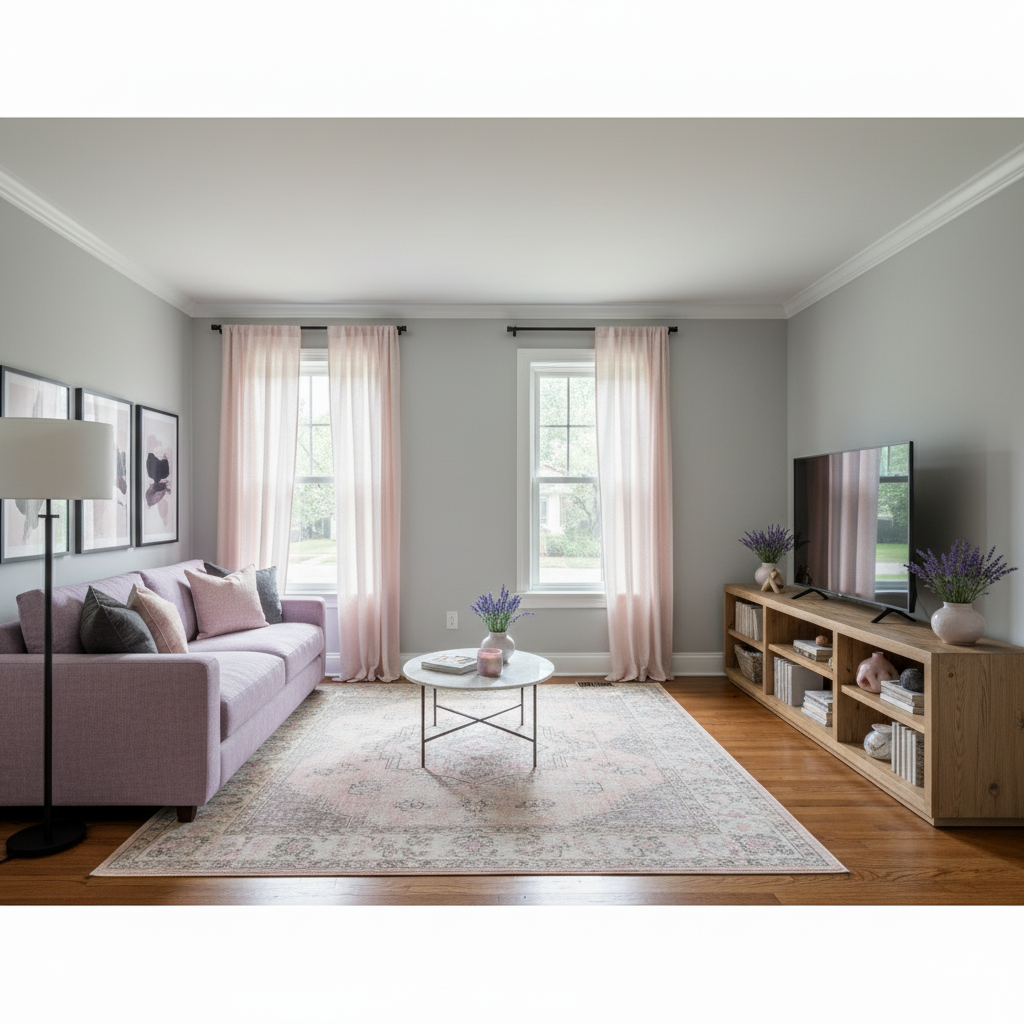 Cozy Rustic Living Room with Lavender and Pink Accents