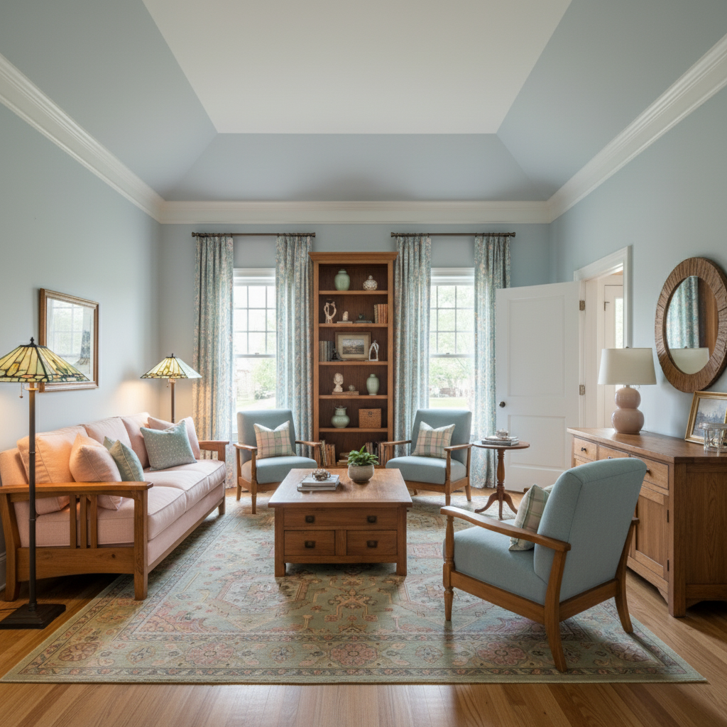 Cozy Craftsman Living Room: Light Pastel Elegance