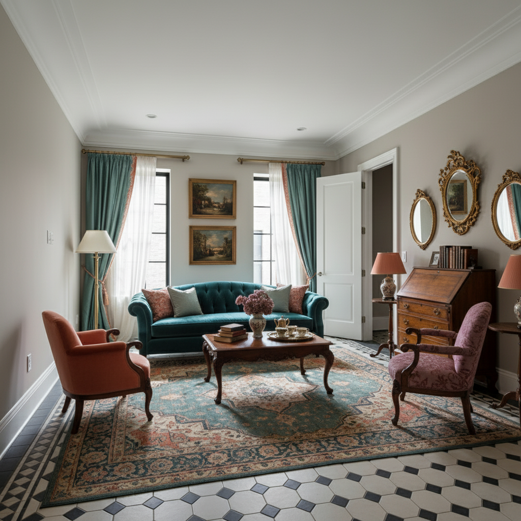 Elegant Victorian Living Room: Teal, Coral & Mauve Harmony