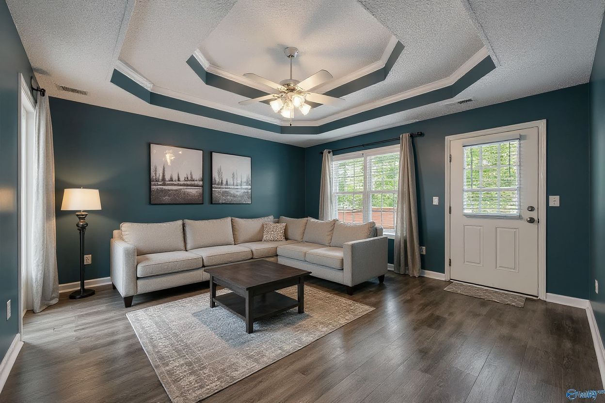 Contemporary Living Room with Deep Blue & Beige Elegance