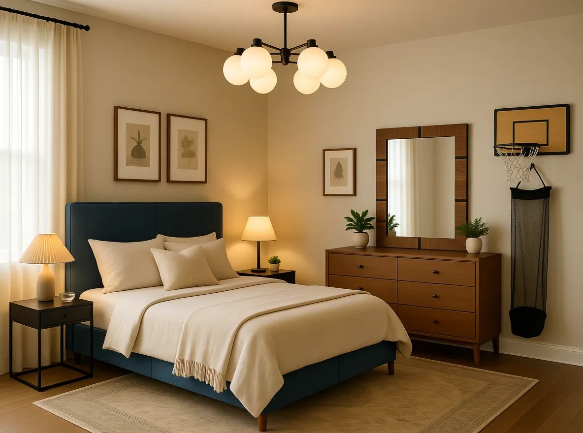 Contemporary Bedroom with Blue Accents & Vintage Rug