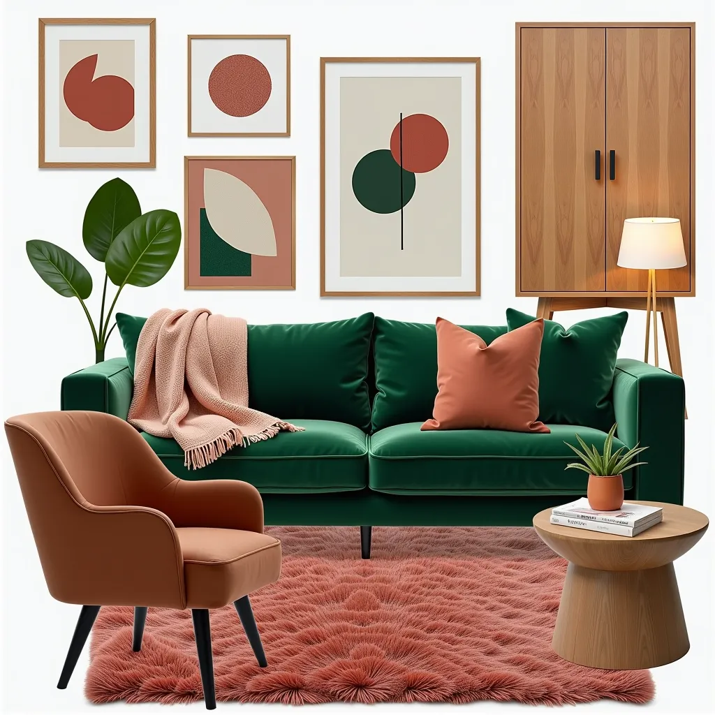 Eclectic Living Room Design with Forest Green & Dusty Rose