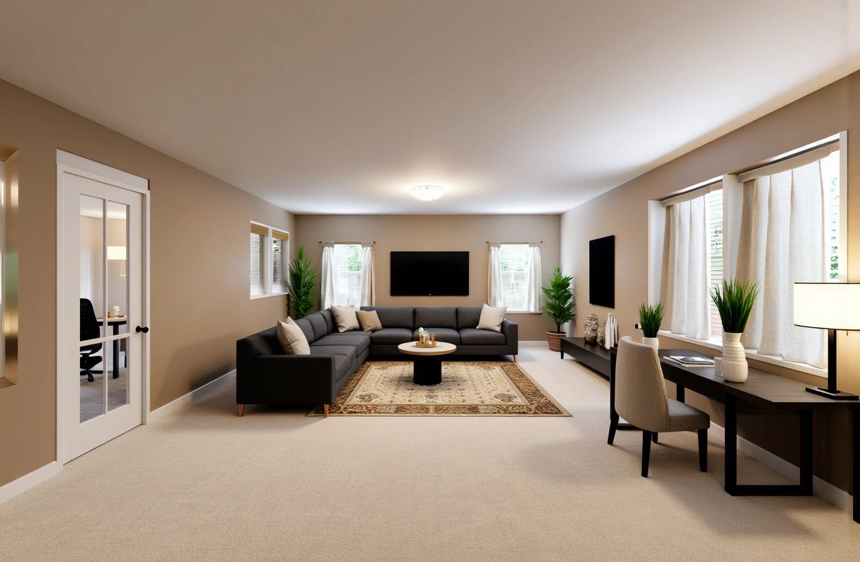 Modern Basement Transformation: Cozy Living & Office Spaces