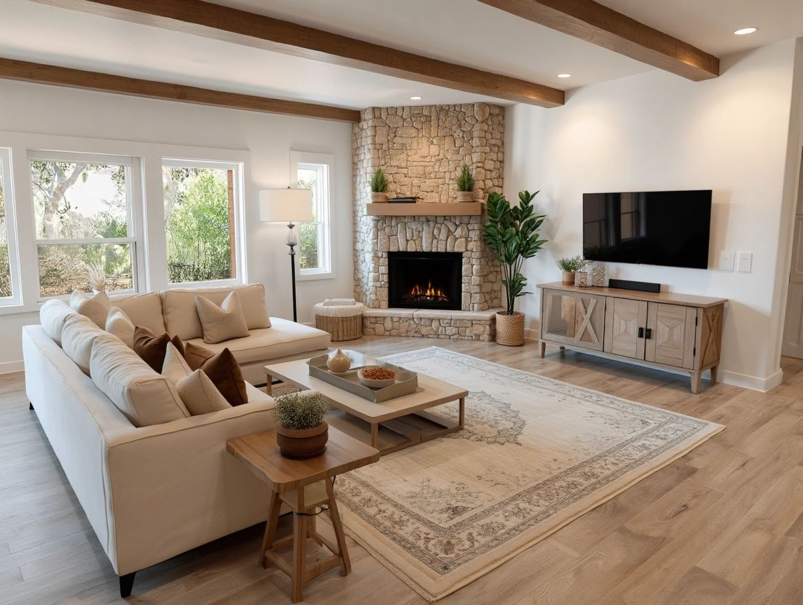 Mediterranean Living Room with Stone Fireplace and Cream Sofa