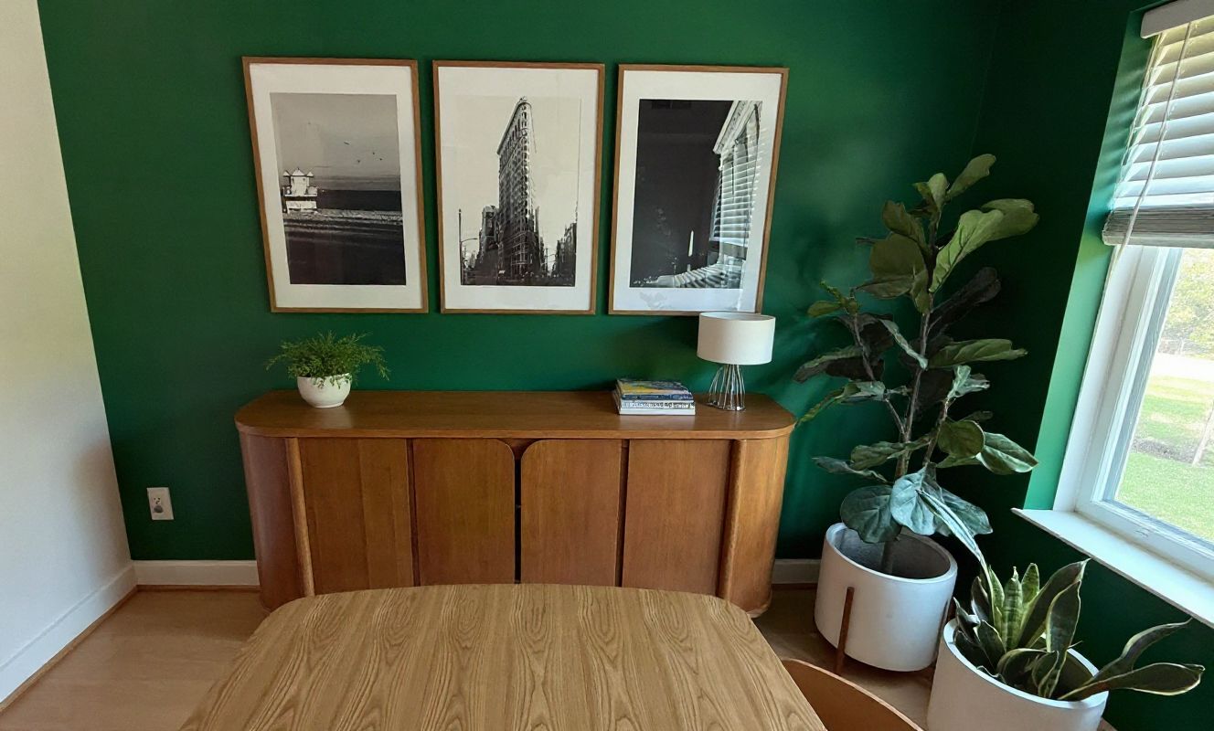 Mid-Century Modern Dining Room: Forest Green & Dusty Rose Elegance