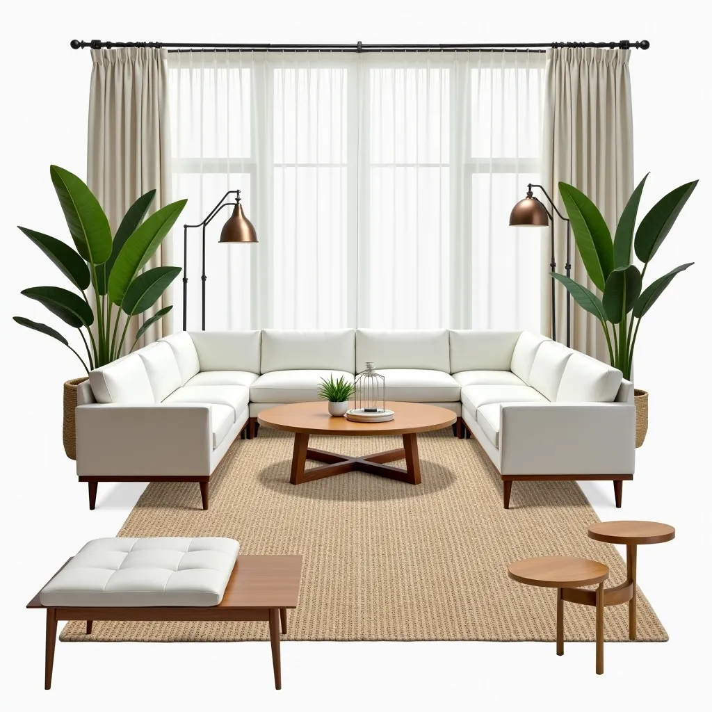 Mid-Century Modern Living Room: Cozy White & Beige Elegance