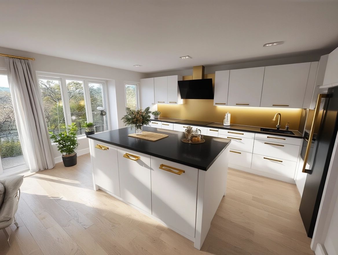 Contemporary Kitchen Design with Gold & White Accents