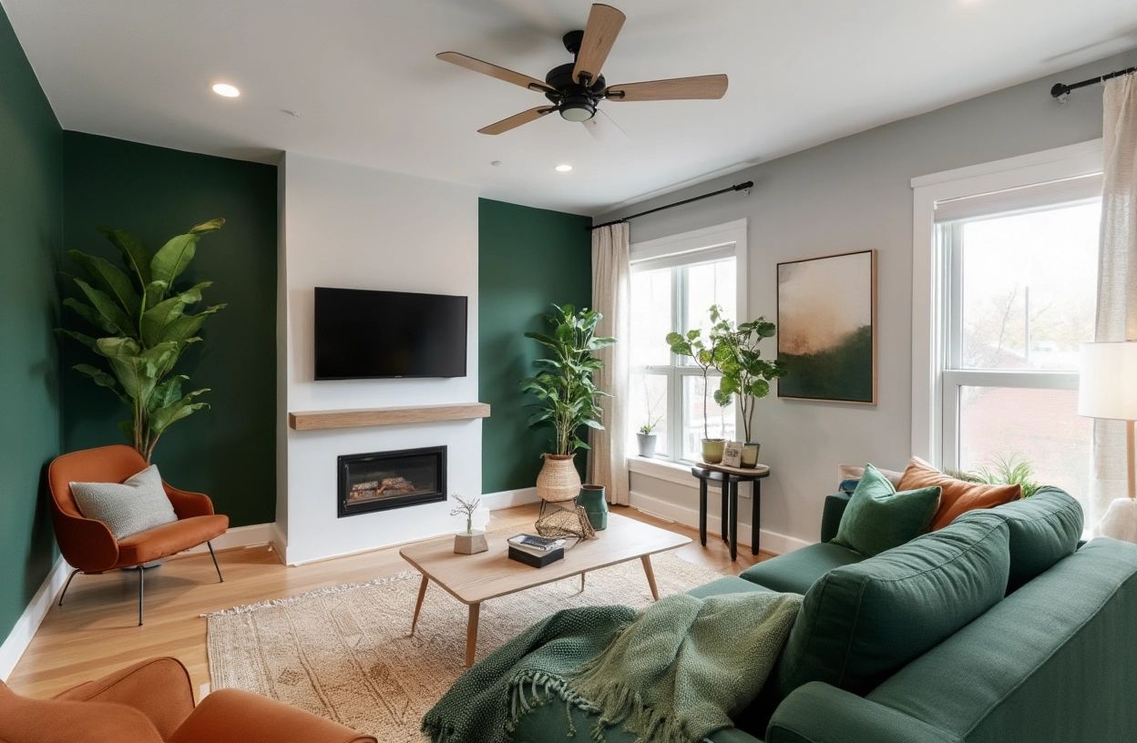 Contemporary Living Room: Elegance in Dark Green & Sienna