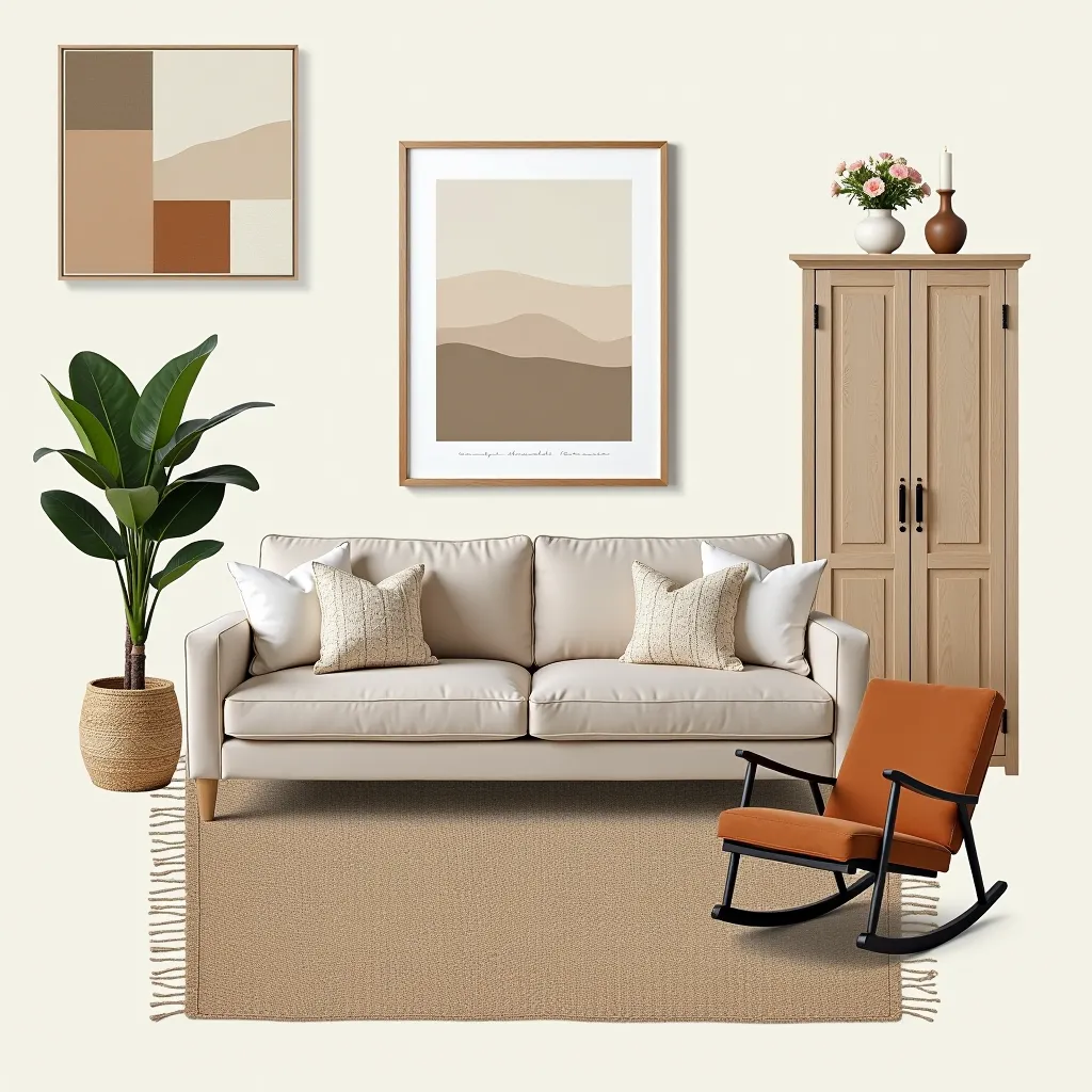 Charming Farmhouse Living Room: Cozy Neutrals & Rustic Charm