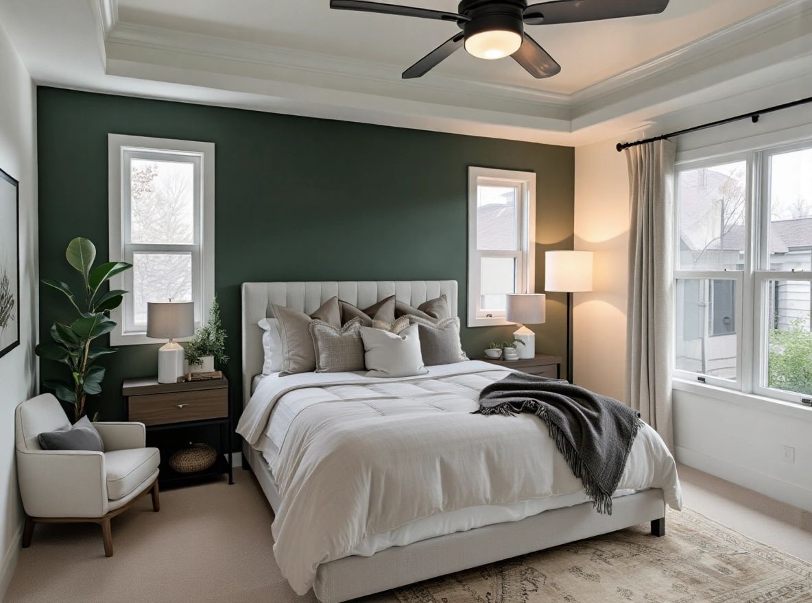 Transitional Bedroom with Dark Green & Soft White Elegance