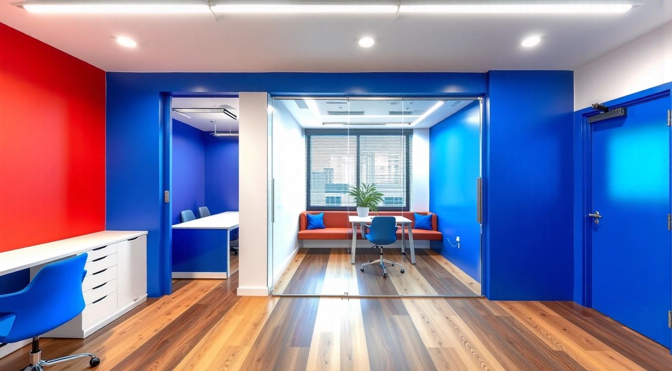 Modern Home Office with Royal Blue & Red Highlights