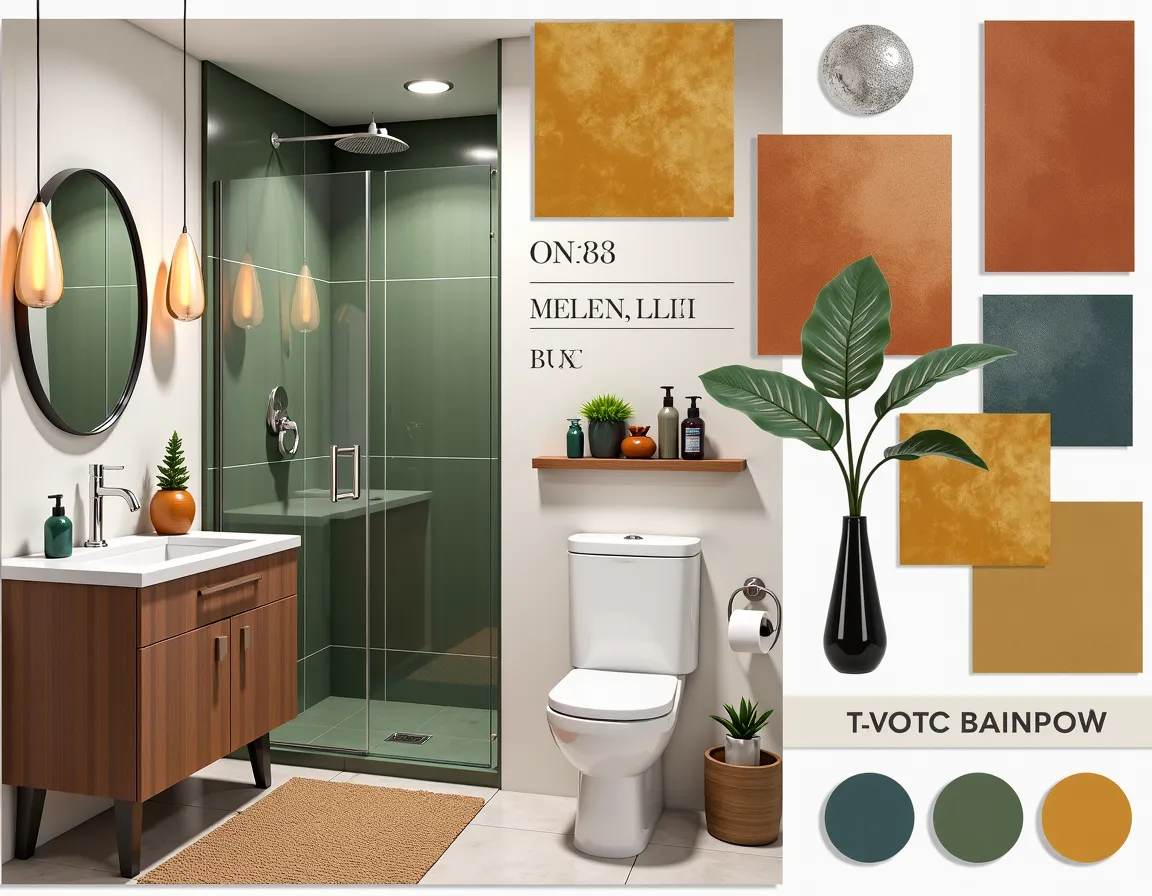Coastal Bathroom Bliss: Warm Tones & Metallic Green Tiles