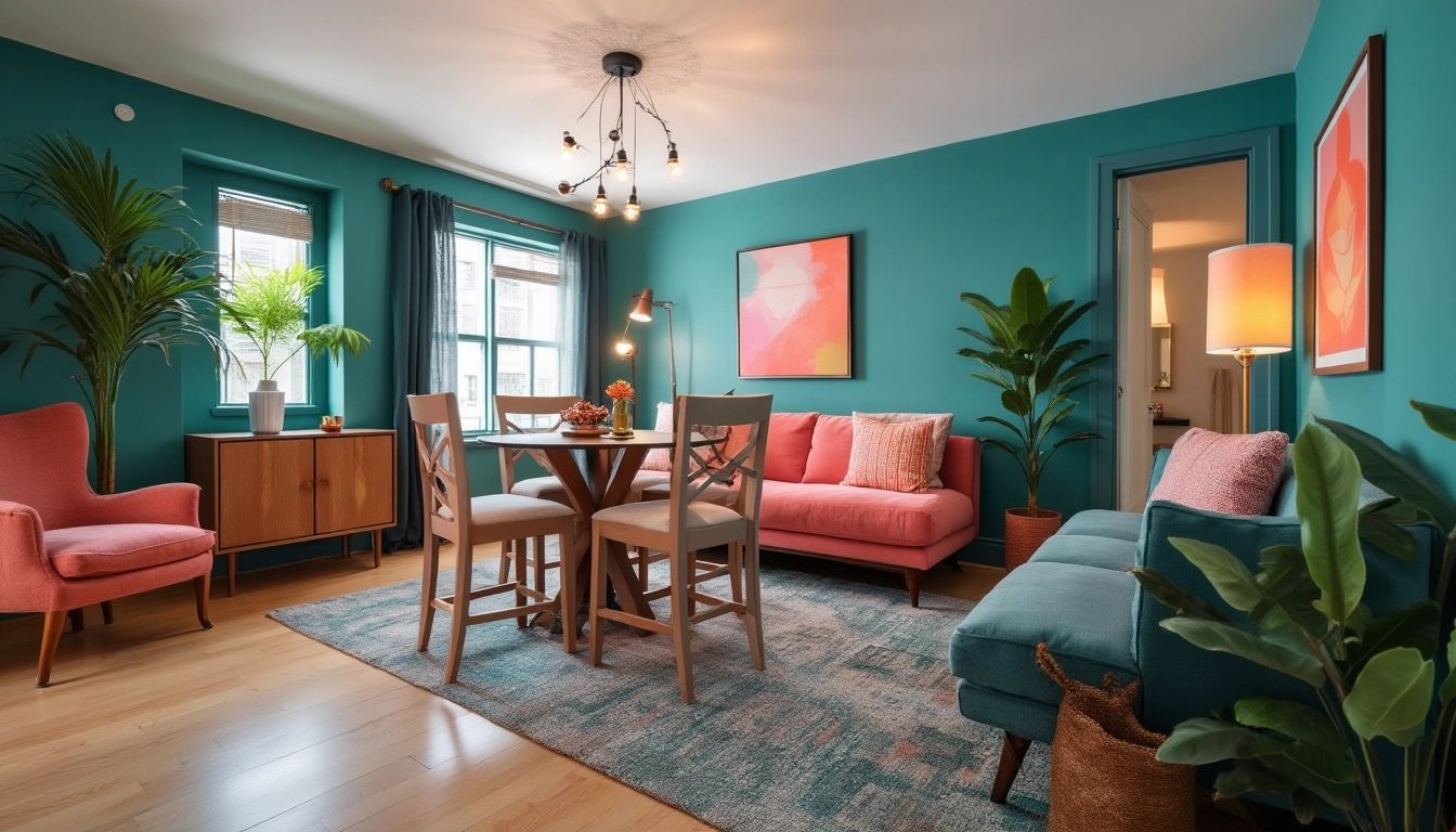 Traditional Living Room Elegance: Teal, Coral & Mauve Accents