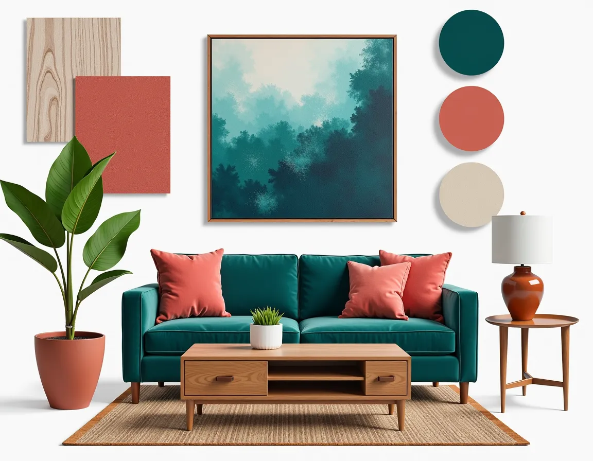 Coastal Living Room Design: Teal, Coral & Mauve Bliss