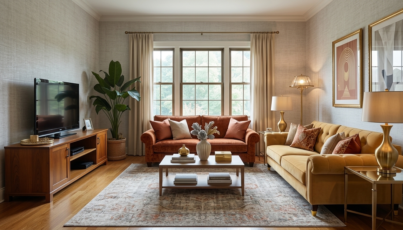 Hollywood Regency Living Room: Bold Color Transformation