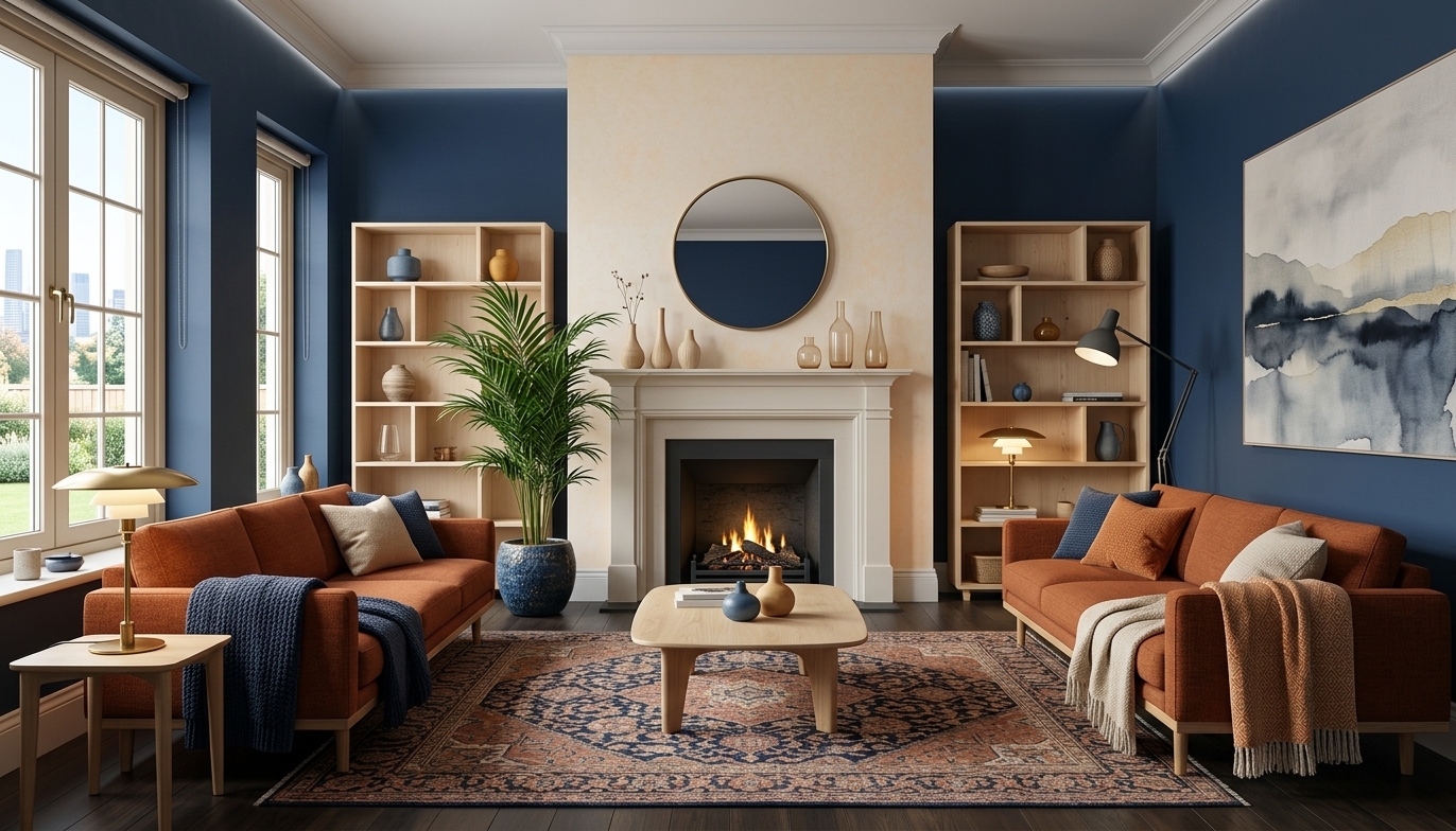 Scandinavian Living Room: Bold Navy & Burnt Orange Redesign