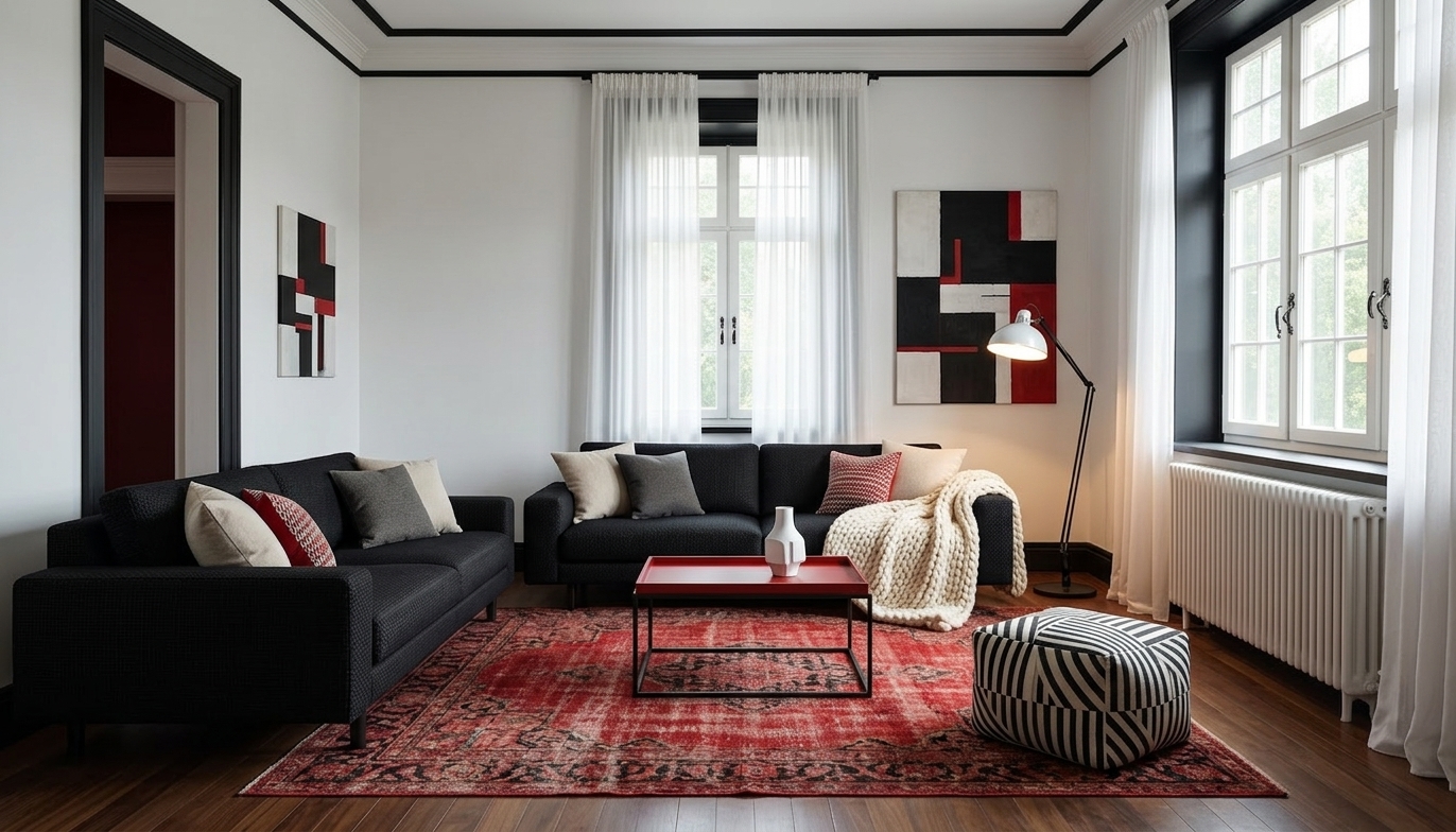 Contemporary Living Room Redesign: Bold White, Black & Red