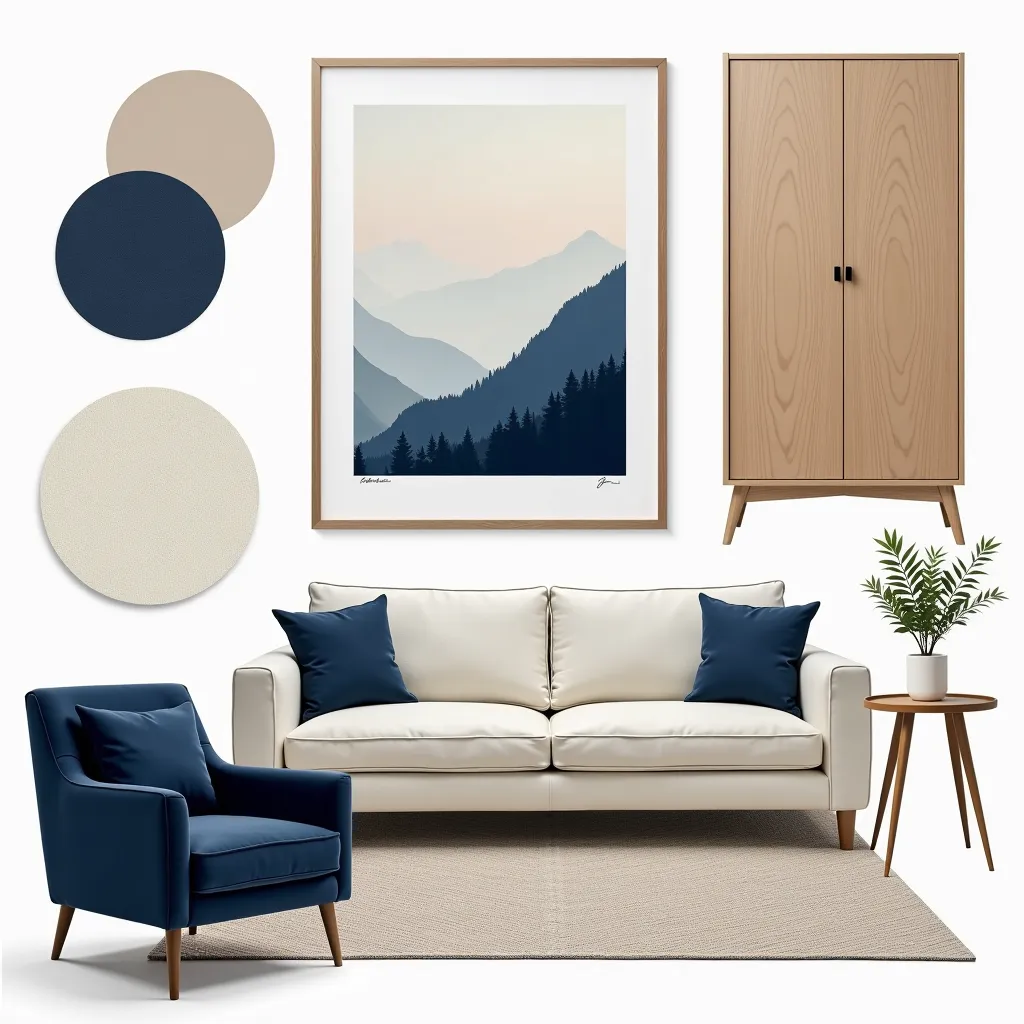 Minimalist Living Room: Navy Hues & Elegant Whites